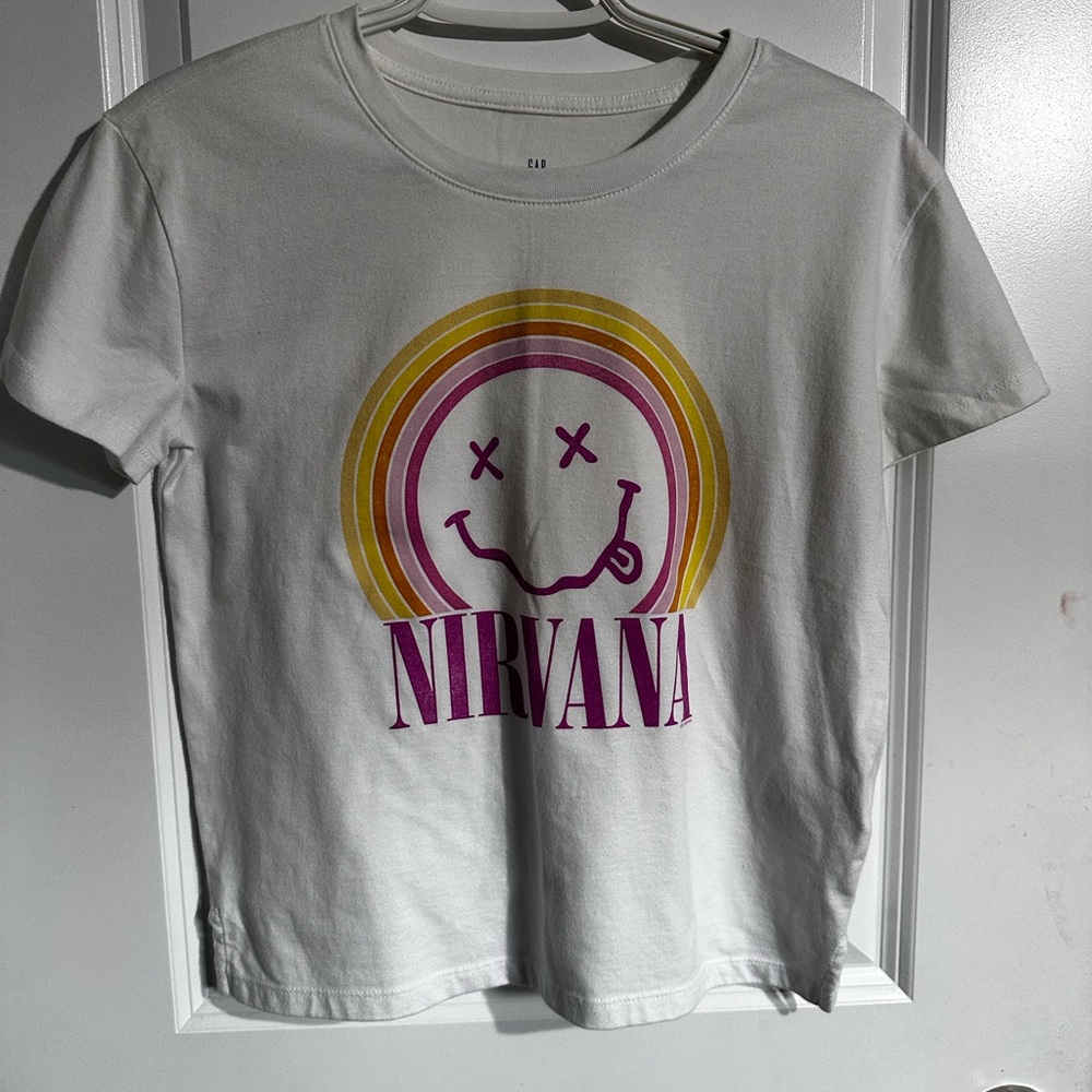 Nirvana Graphic Tee – White Rainbow Smiley Face Logo,New Without Tags Size 14/16